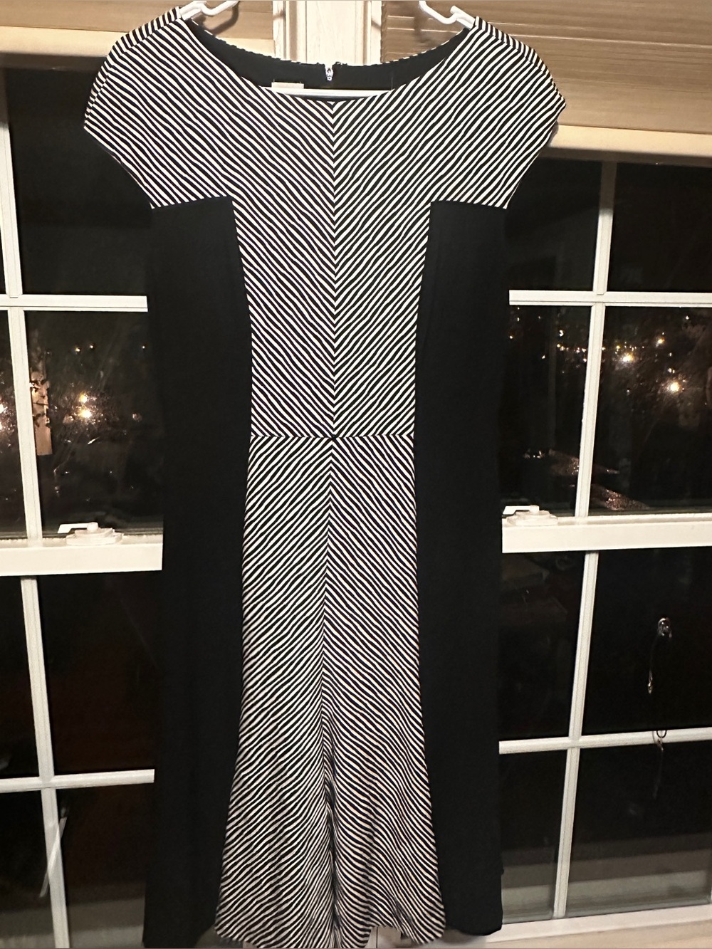 Anne Klein Black and White Striped Fit-and-Flare Midi Dress